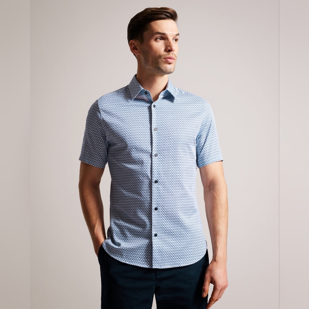 Ted Baker Strisho Geo Print Shirt Short Sleeve Blue Mens Slim Fit Size 3 Blue